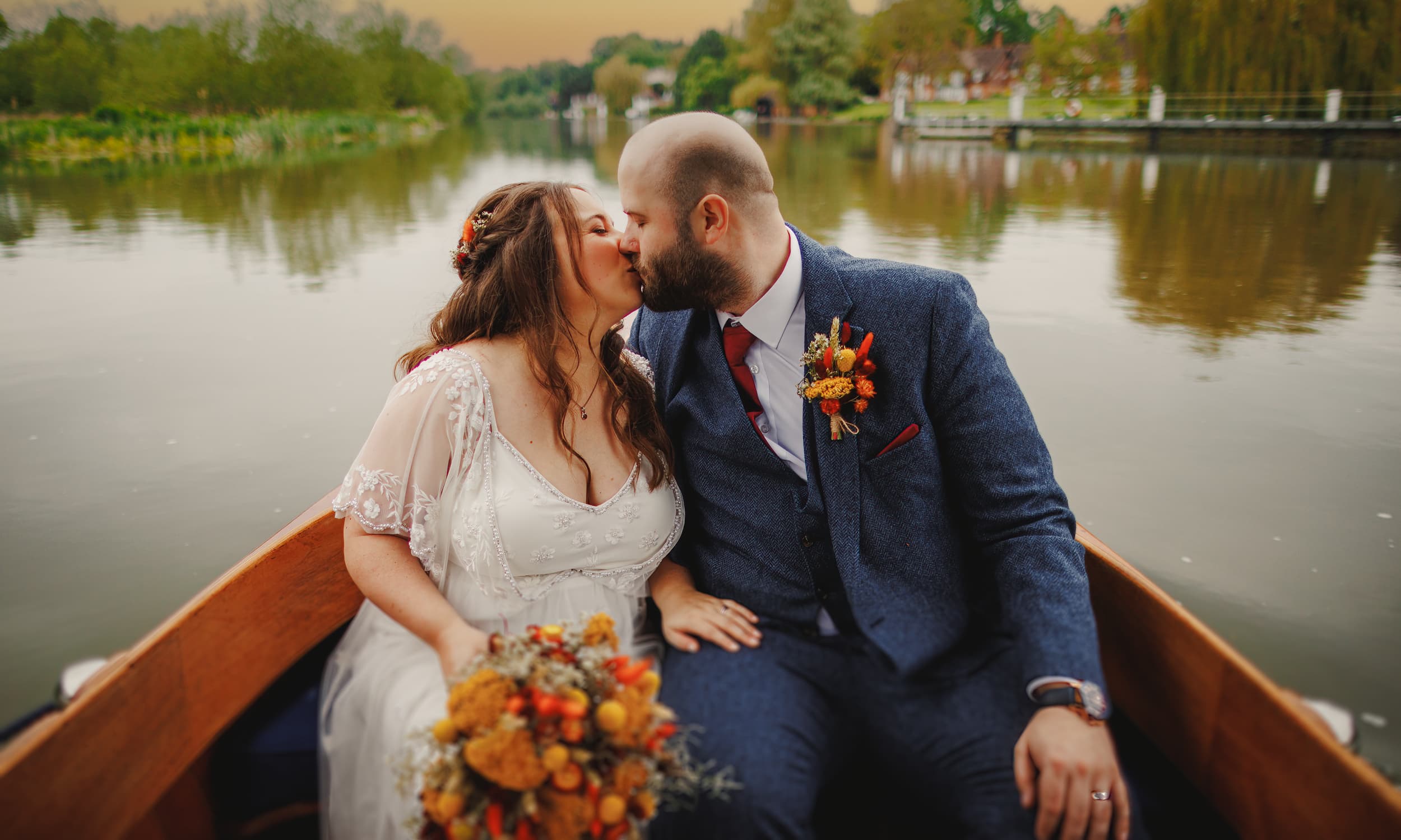 Bride and groom walking outdoors